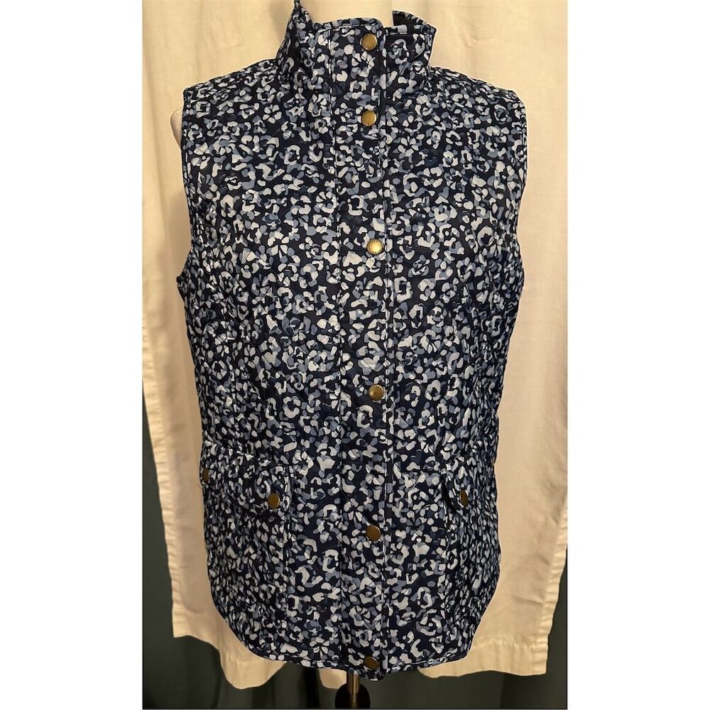 Talbots Women's Quilted Floral Vest Blue Sleeveless Full Zip Size L